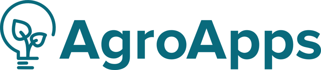 AgroApps logo featuring a teal light bulb-shaped plant icon next to the company name AgroApps.